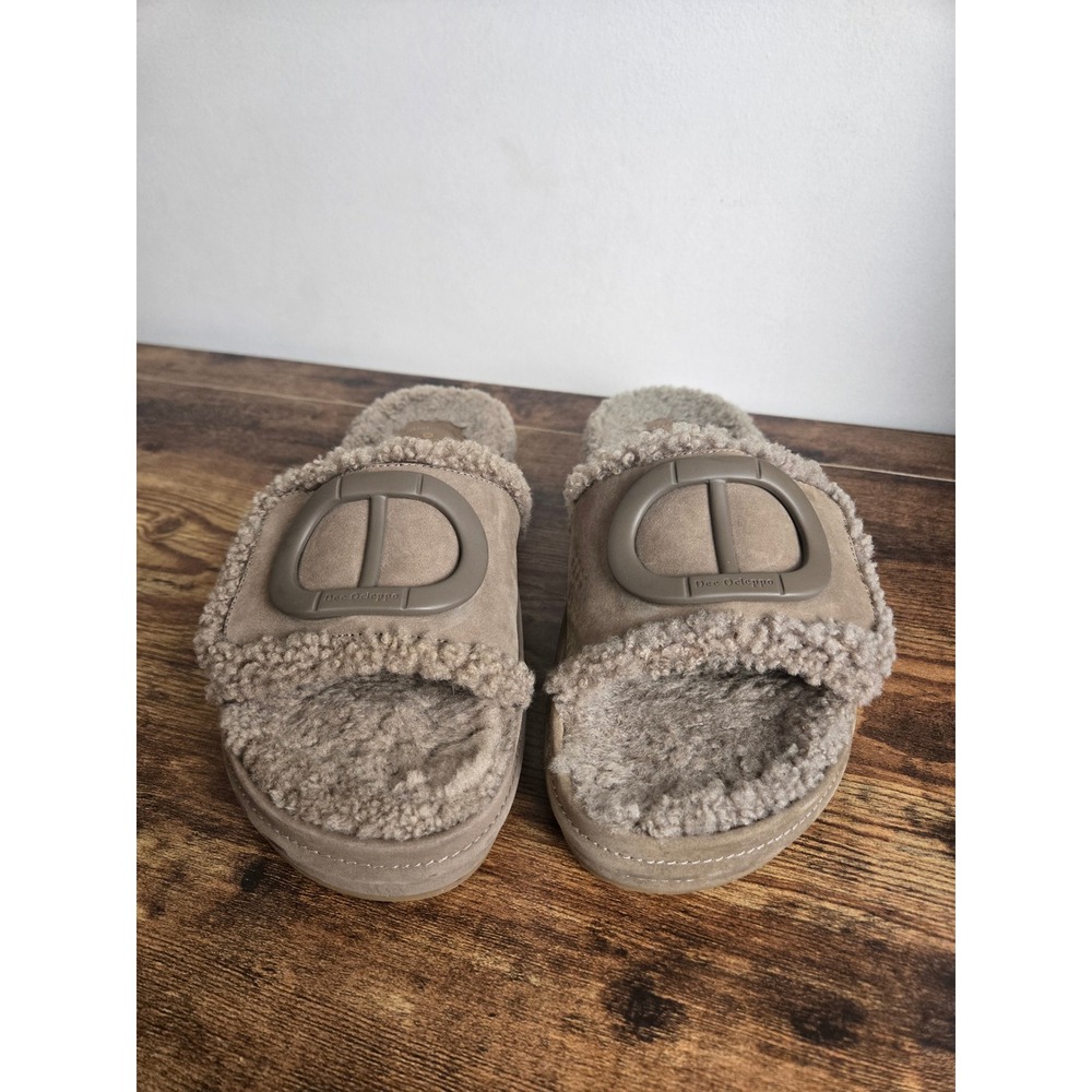 Dee Ocleppo Shearling Slide Sandals Taupe Brown Logo Buckle Faux Fur Slides